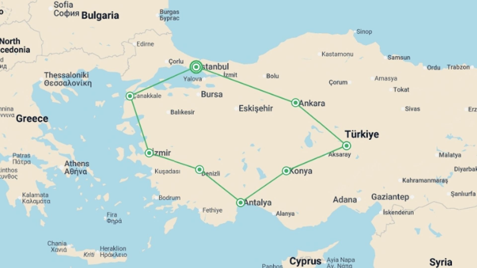 A map showing the tour itinerary for the trip: Splendours of Turkey, starting in Istanbul, Turkey and ending in Istanbul, Turkey going through 7 other destinations.
