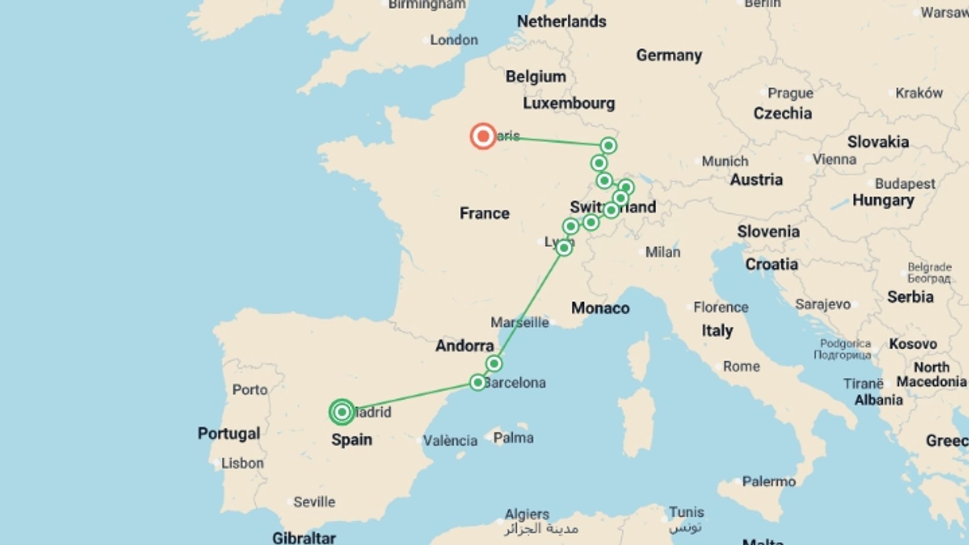 A map showing the tour itinerary for the trip: Solo Lite Spain Switzerland and French Adventure, starting in Madrid, Spain and ending in Paris, France going through 7 other destinations.