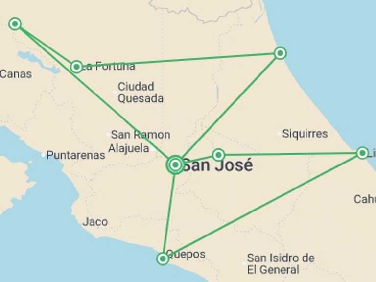 Map of San Jose Explorer Tour with 7 destination visits for the trip: Costa Rica North and South: National Parks, Wildlife & Hot Springs