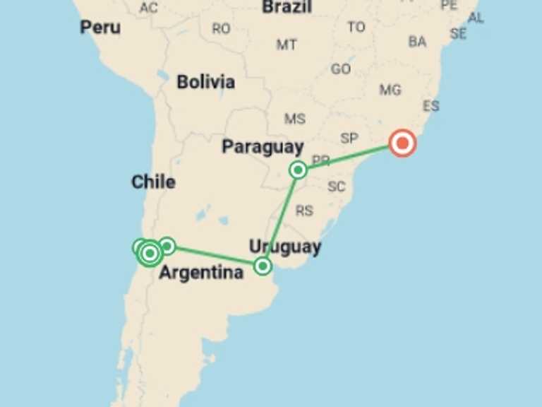 Map itinerary of South America Tour in September 2027 with 6 destination visits for the trip: Premium Chile, Argentina & Brazil