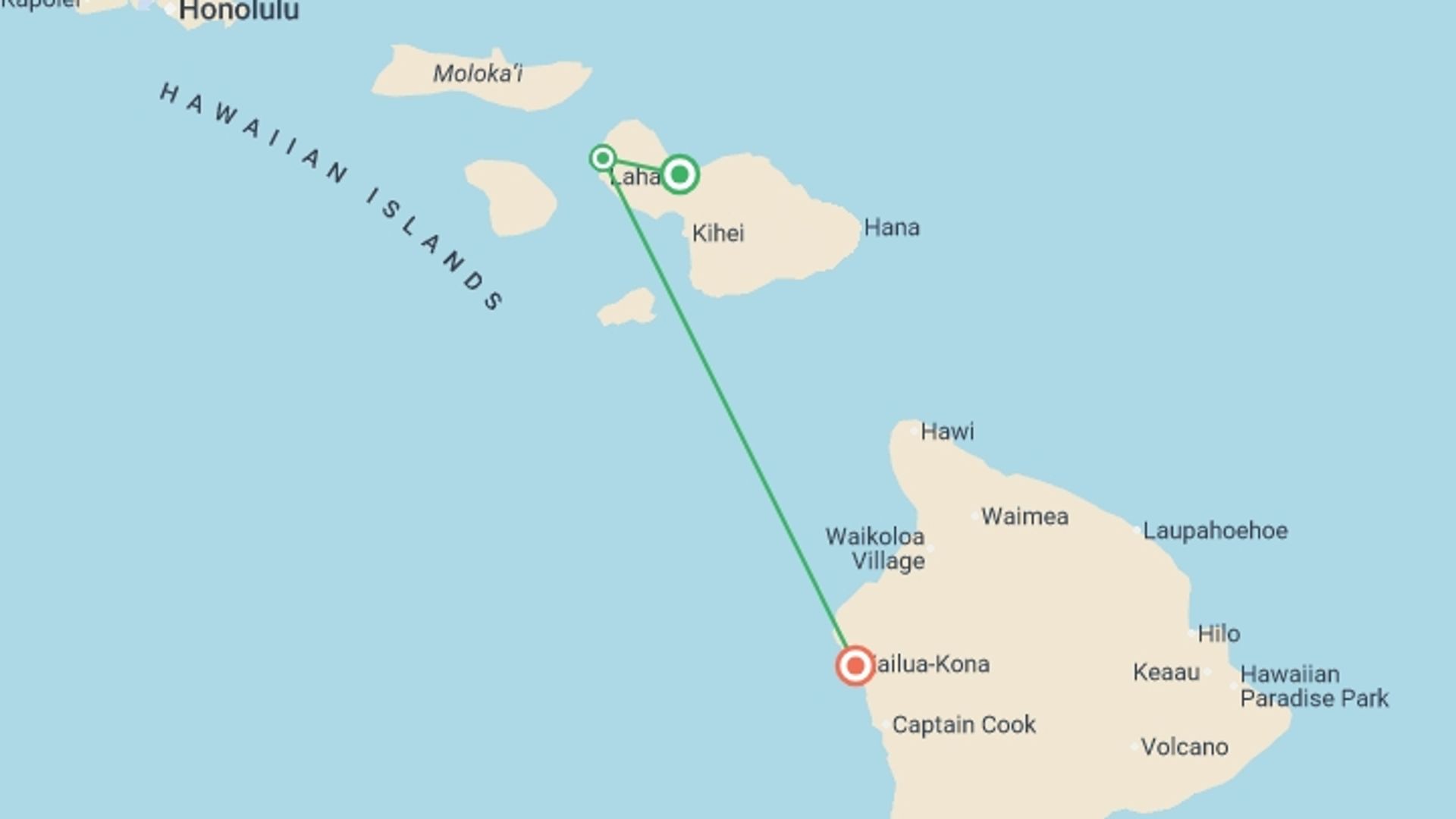 A map showing the tour itinerary for the trip: Maui & Hawaii Discovery - 10 days , starting in Kahului, USA and ending in Kailua Kona, USA going through 1 other destinations.