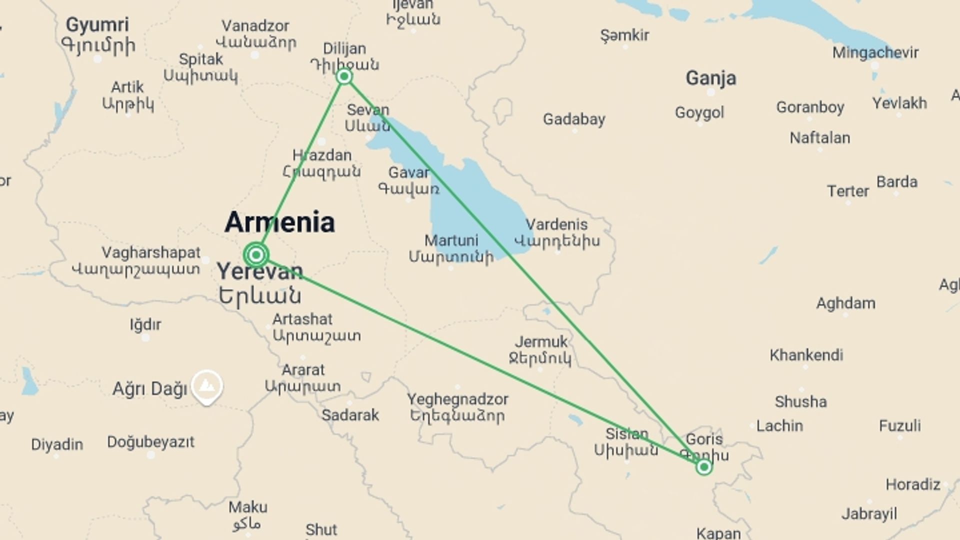 A map showing the tour itinerary for the trip: Armenia Discovery, starting in Yerevan, Armenia and ending in Yerevan, Armenia going through 2 other destinations.