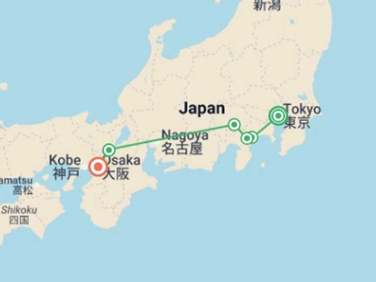 Map itinerary of Japan Tour in January 2027 with 5 destination visits for the trip: Essential Japan and Hakone