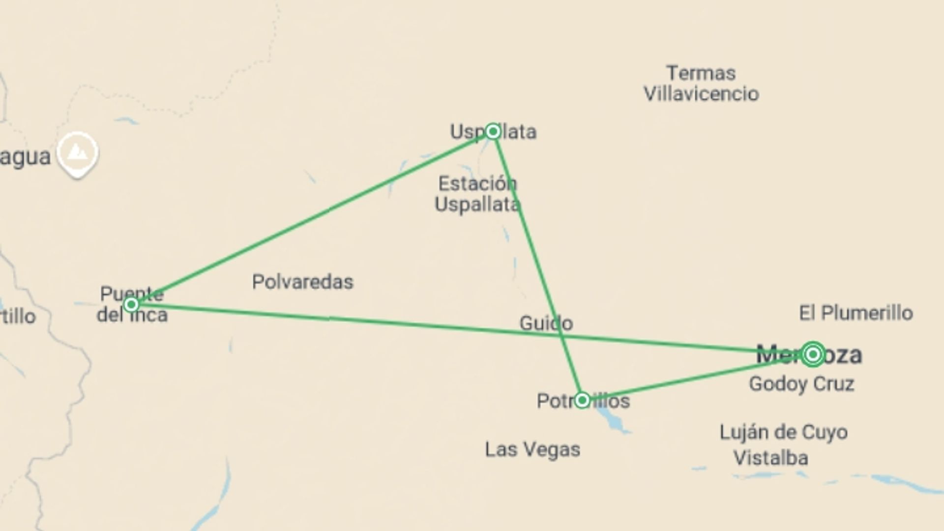 A map showing the tour itinerary for the trip: Mendoza Wine & Mountains Adventure 4D/3N, starting in Mendoza, Argentina and ending in Mendoza, Argentina going through 0 other destinations.