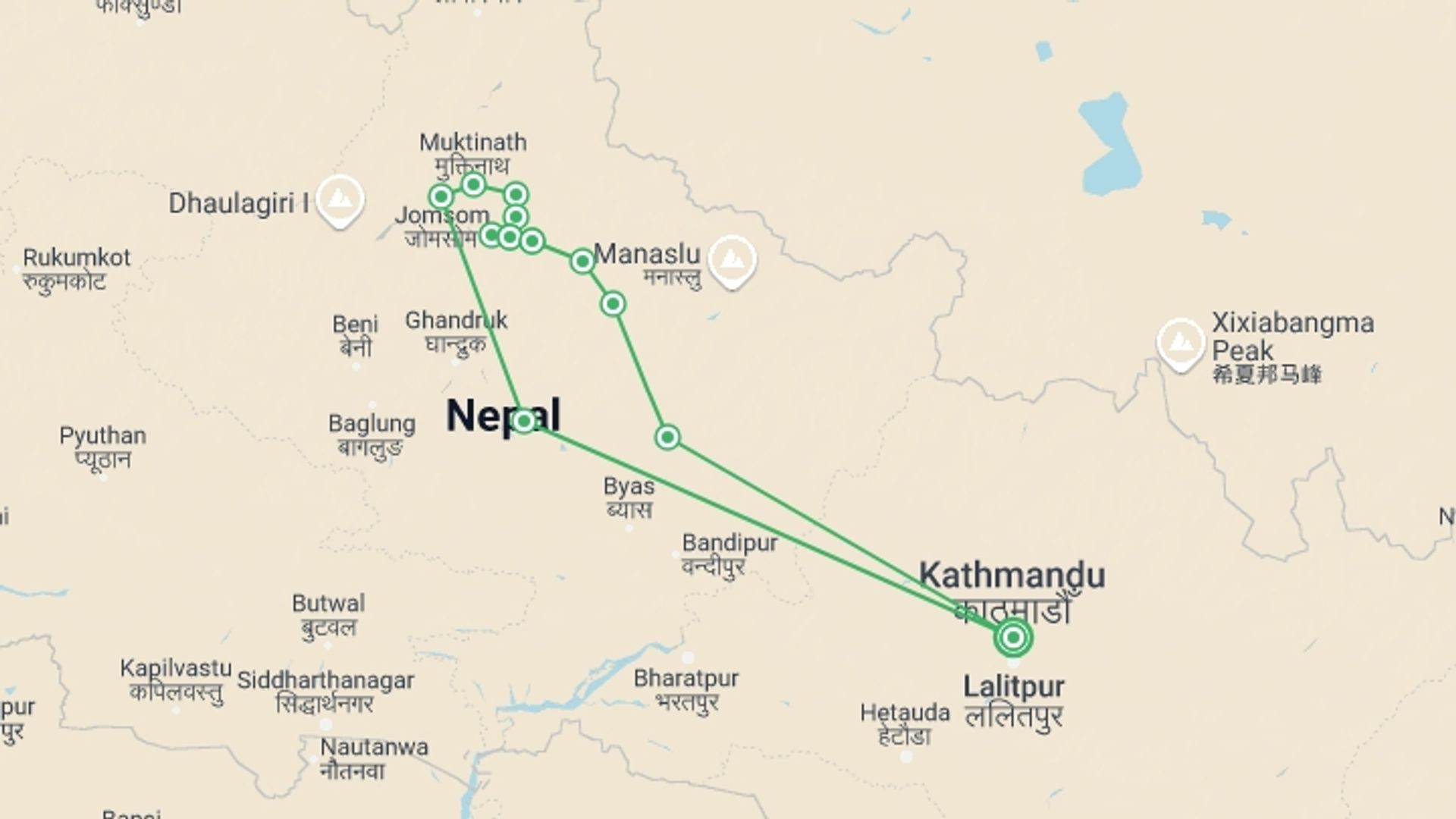 A map showing the tour itinerary for the trip: Annapurna Circuit Trek via Tilicho Lake, starting in Kathmandu, Nepal and ending in Kathmandu, Nepal going through 11 other destinations.