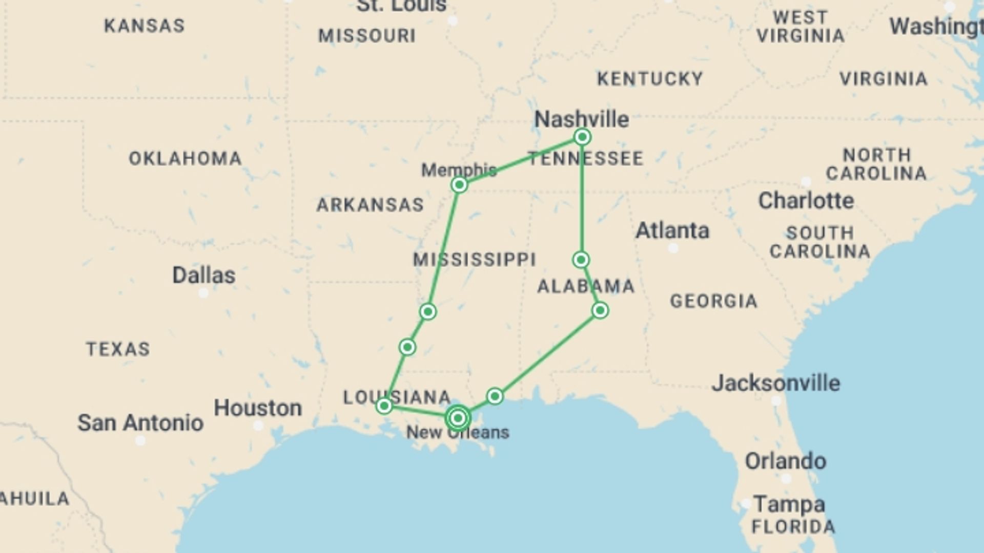A map showing the tour itinerary for the trip: American Rhythms Self Drive, starting in New Orleans, USA and ending in Lafayette, Lafayette going through 5 other destinations.
