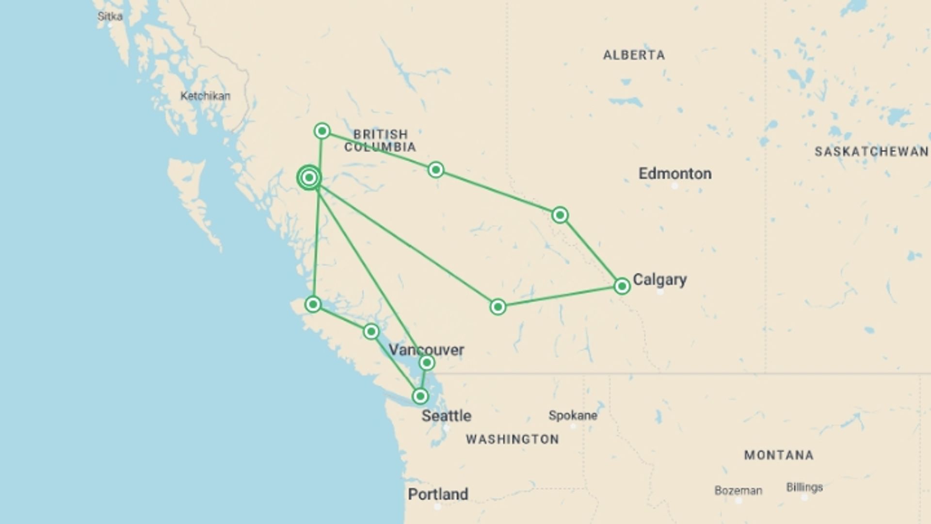 A map showing the tour itinerary for the trip: Best of Western Canada including Rocky Mountaineer, starting in undefined, Canada and ending in undefined, Canada going through 2 other destinations.