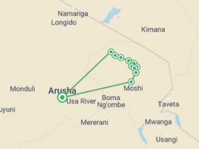Map itinerary of Moshi Tour in February 2026 with 11 destination visits for the trip: Mount Kilimanjaro Trekking 8-Day Lemosho Route