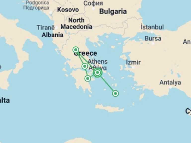 Map of Europe Volcanoes Tour with 5 destination visits for the trip: Classic Greece & Santorini