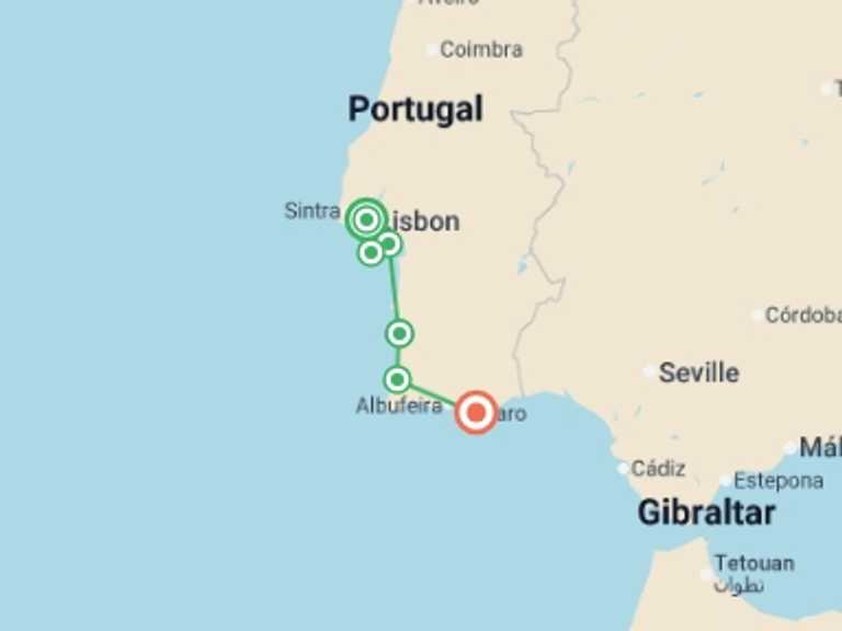 Map itinerary of Europe Tour in September 2026 with 6 destination visits for the trip: Cycle Portugal - Lisbon to Algarve