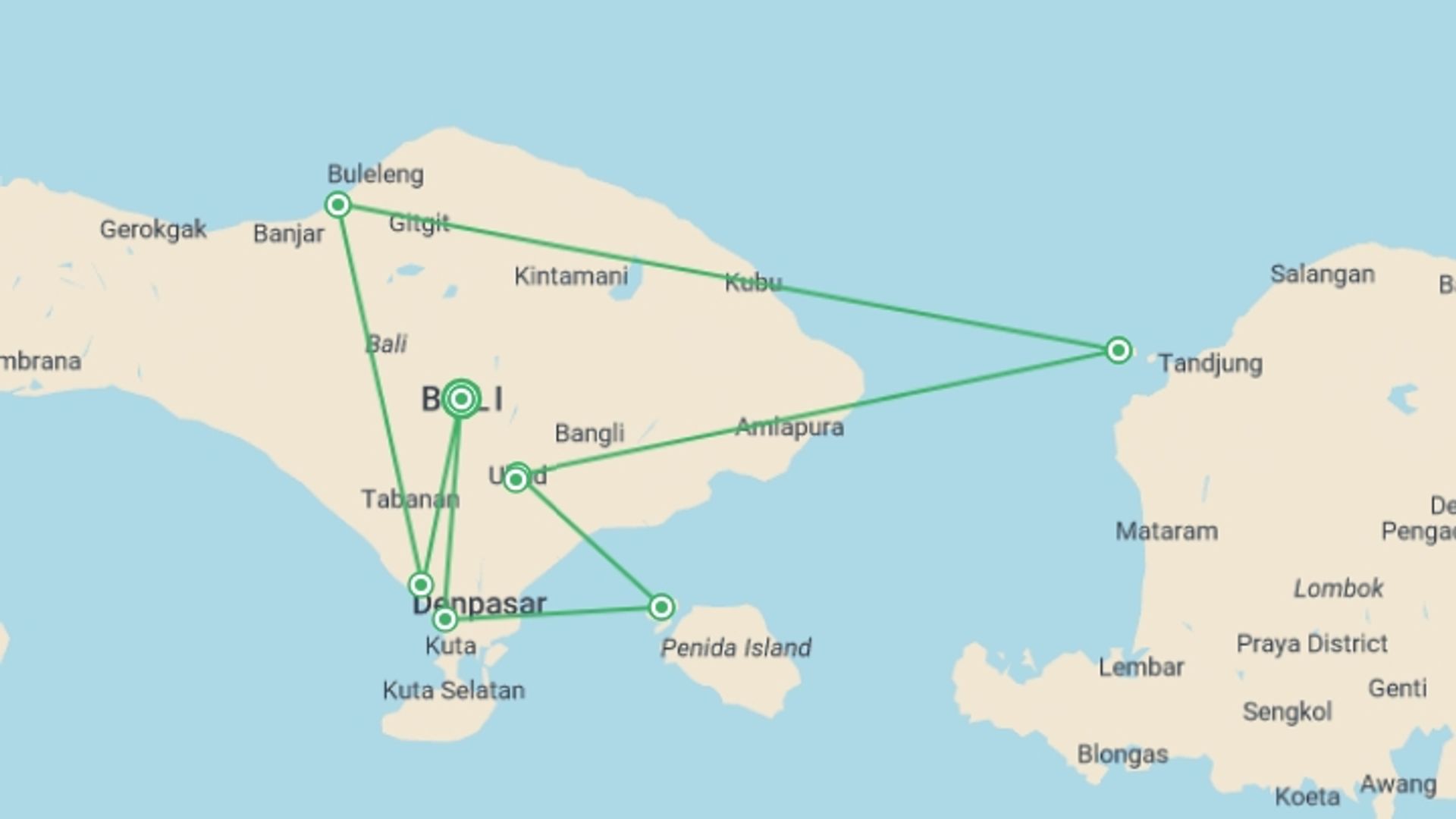 A map showing the tour itinerary for the trip: Bali Experience 15 day, starting in Bali, Indonesia and ending in Bali, Indonesia going through 7 other destinations.