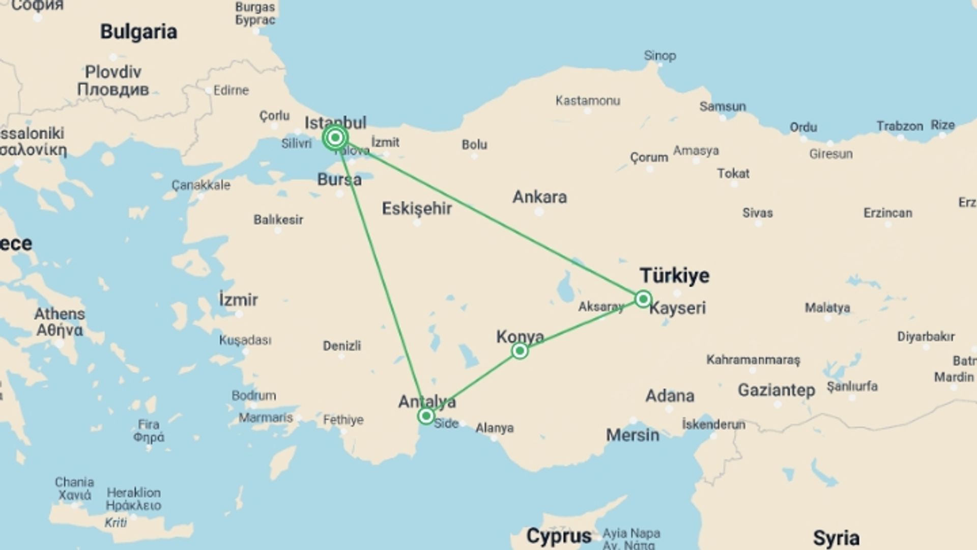 A map showing the tour itinerary for the trip: Istanbul, Antalya & Cappadocia, Private Tour, starting in Istanbul, Turkey and ending in Istanbul, Turkey going through 2 other destinations.