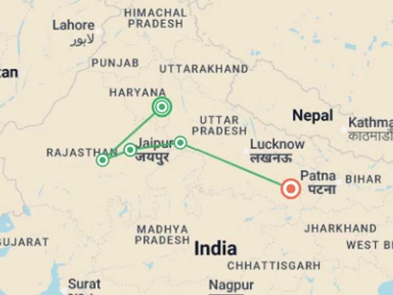 Map of India Tour with 5 destination visits for the trip: Northern India on a Budget: The Golden Triangle to Varanasi