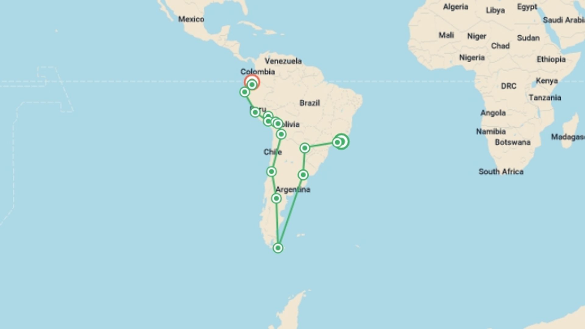 A map showing the tour itinerary for the trip: RIO to QUITO (115 days) Kingdoms & Carnivals, starting in Rio de Janeiro, Brazil and ending in Quito, Ecuador going through 14 other destinations.