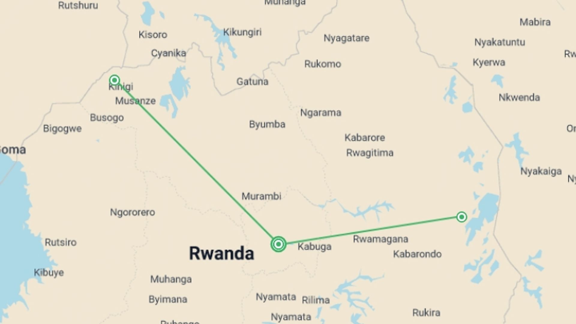 A map showing the tour itinerary for the trip: Journeys: Wild Encounters in Rwanda, starting in Kigali, Rwanda and ending in Kigali, Rwanda going through 3 other destinations.