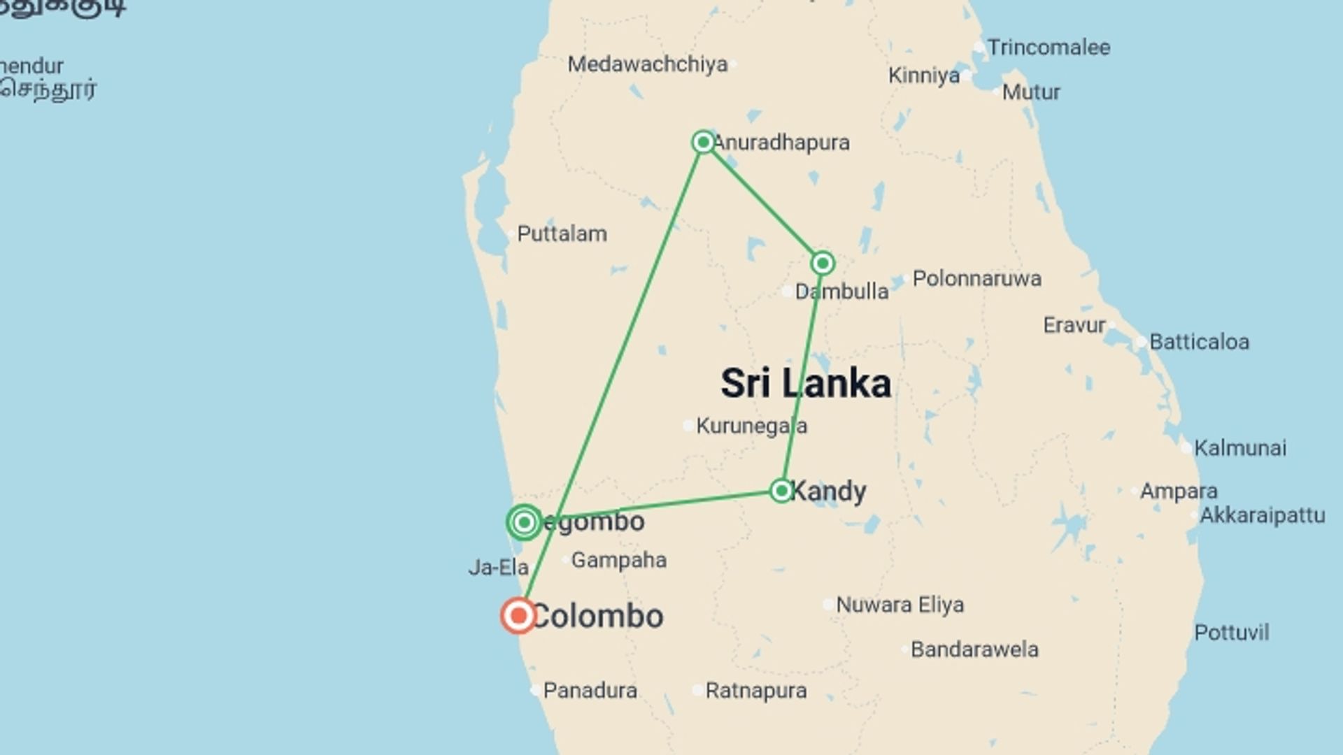 A map showing the tour itinerary for the trip: Classic Sri Lanka, starting in Negombo, Sri Lanka and ending in Colombo, Sri Lanka going through 3 other destinations.