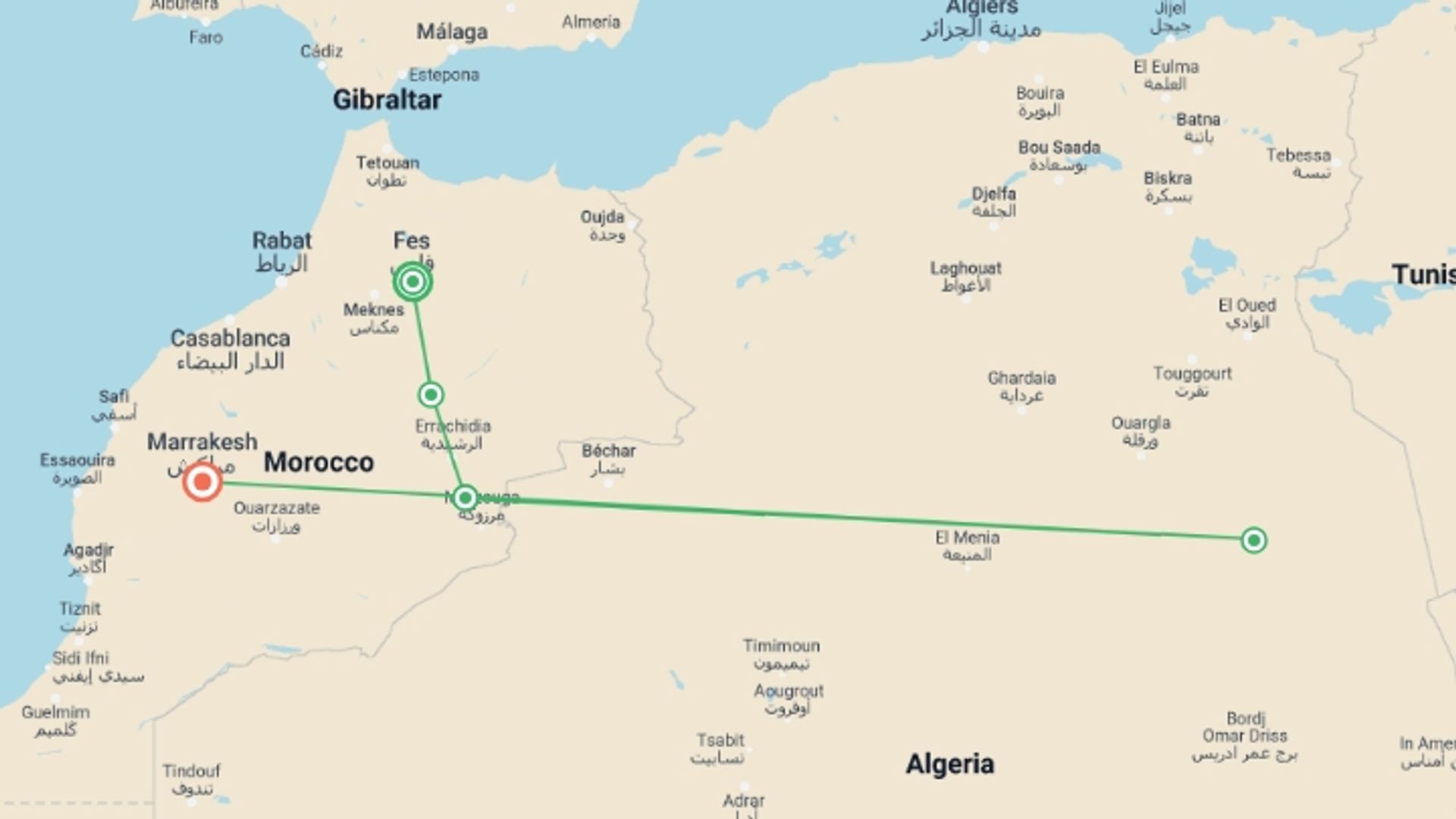 A map showing the tour itinerary for the trip: Cultural & Exotic Adventure, starting in Fez, Morocco and ending in Marrakech, Morocco going through 2 other destinations.