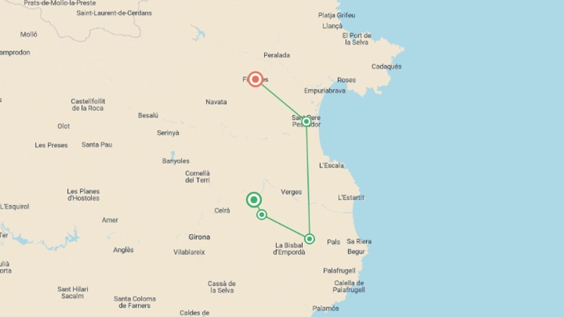 A map showing the tour itinerary for the trip: Catalonia by Bike for Families, starting in Flaçà, Spain and ending in Figueras, Spain going through 4 other destinations.