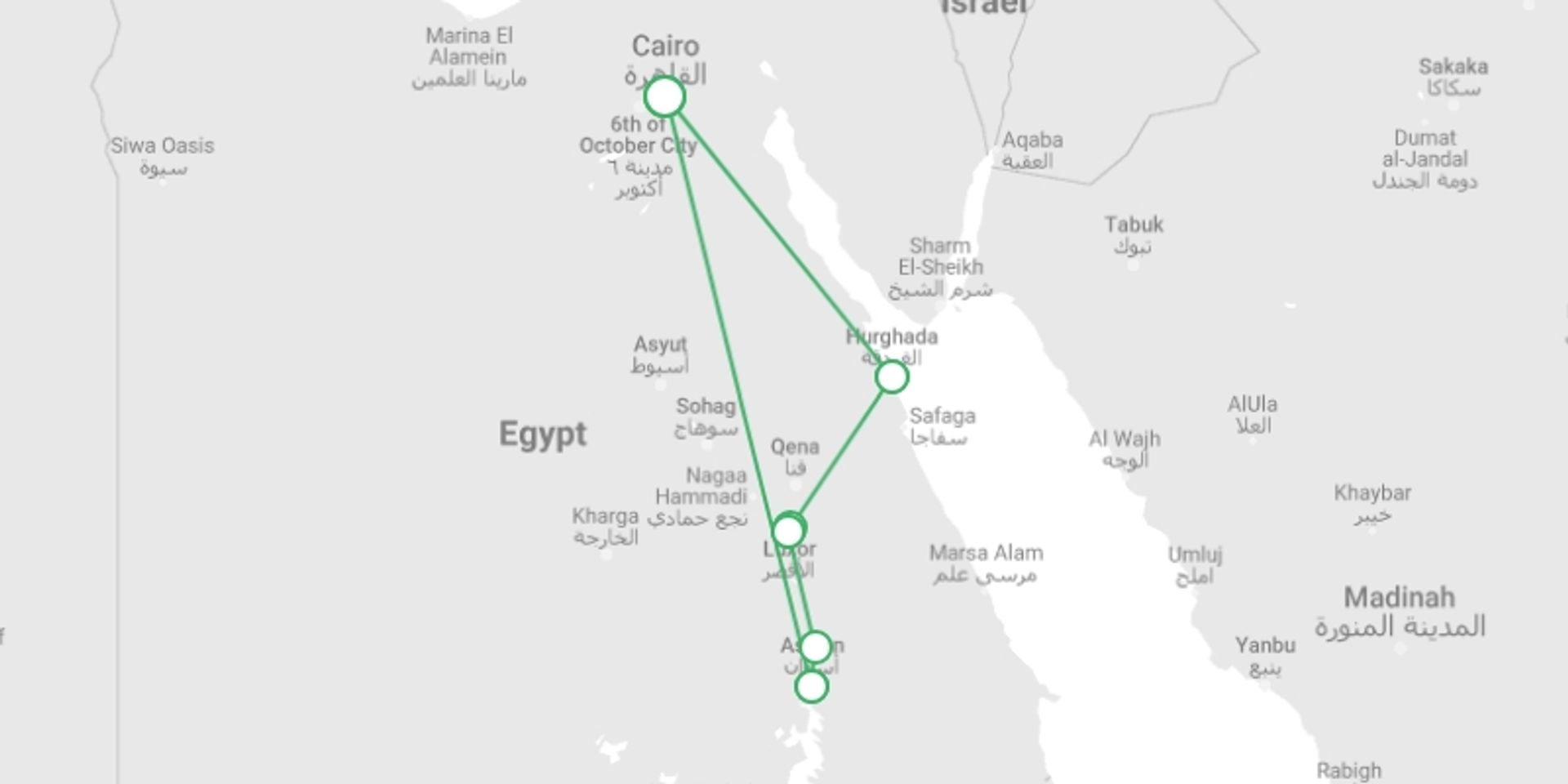 A map showing the tour itinerary for the trip: Essential Egypt by Nile Cruise & Red Sea - 11 days, starting in Cairo, Egypt and ending in Cairo, Egypt going through 5 other destinations.