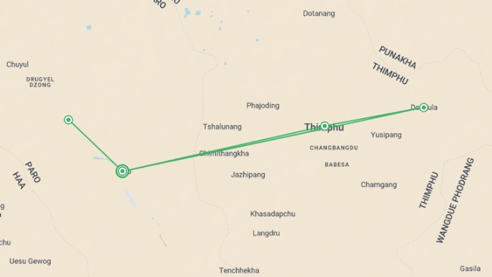 A map showing the tour itinerary for the trip: Bhutan Express (4 star) - 4 days, starting in Paro, Bhutan and ending in Paro, Bhutan going through 2 other destinations.
