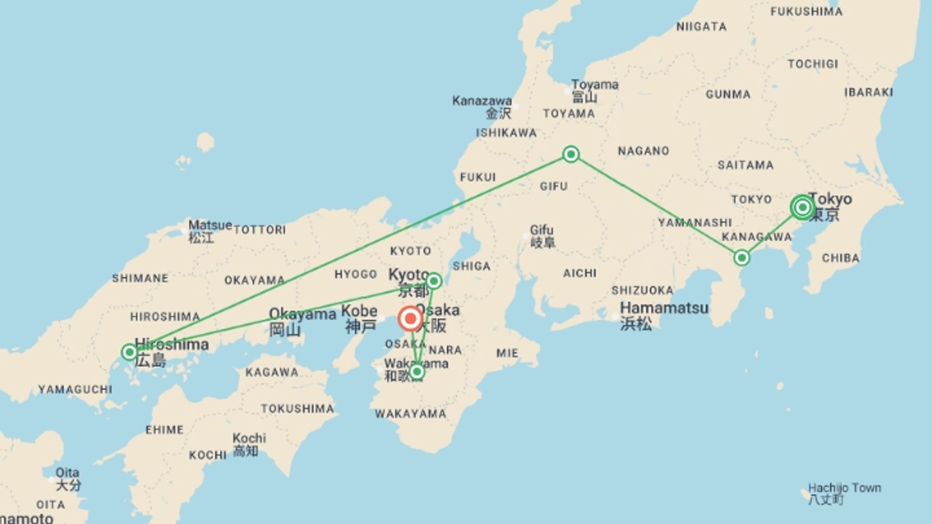 A map showing the tour itinerary for the trip: Japan Unrivalled, starting in Tokyo, Japan and ending in Osaka, Japan going through 5 other destinations.