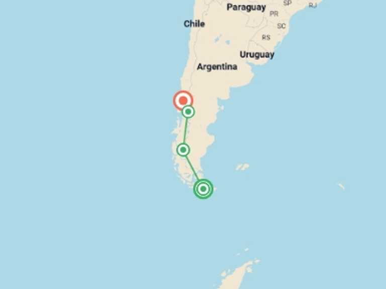 Map of South America Tour with 4 destination visits for the trip: Patagonia Overland: Ushuaia to Puerto Varas