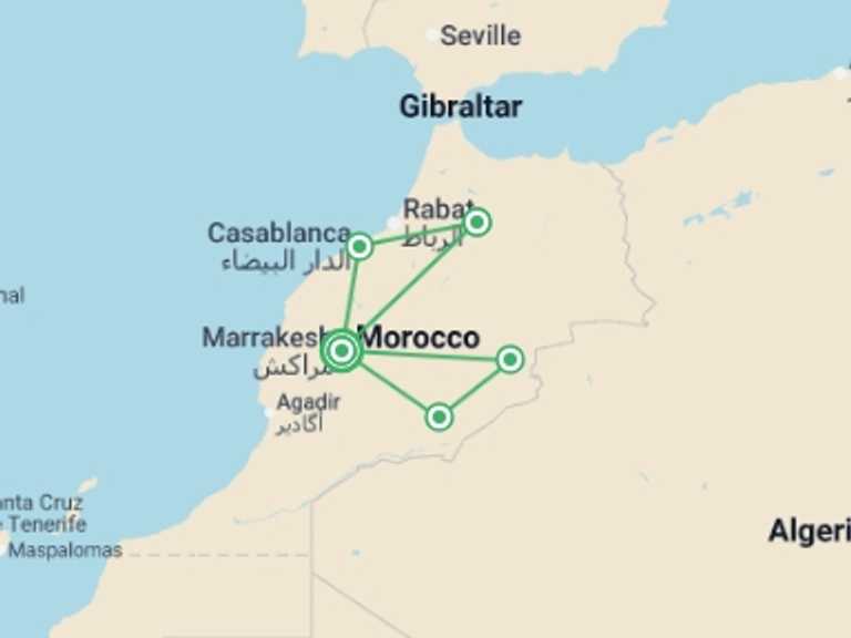 Map itinerary of Africa Tour in October 2026 with 5 destination visits for the trip: Best Of Morocco