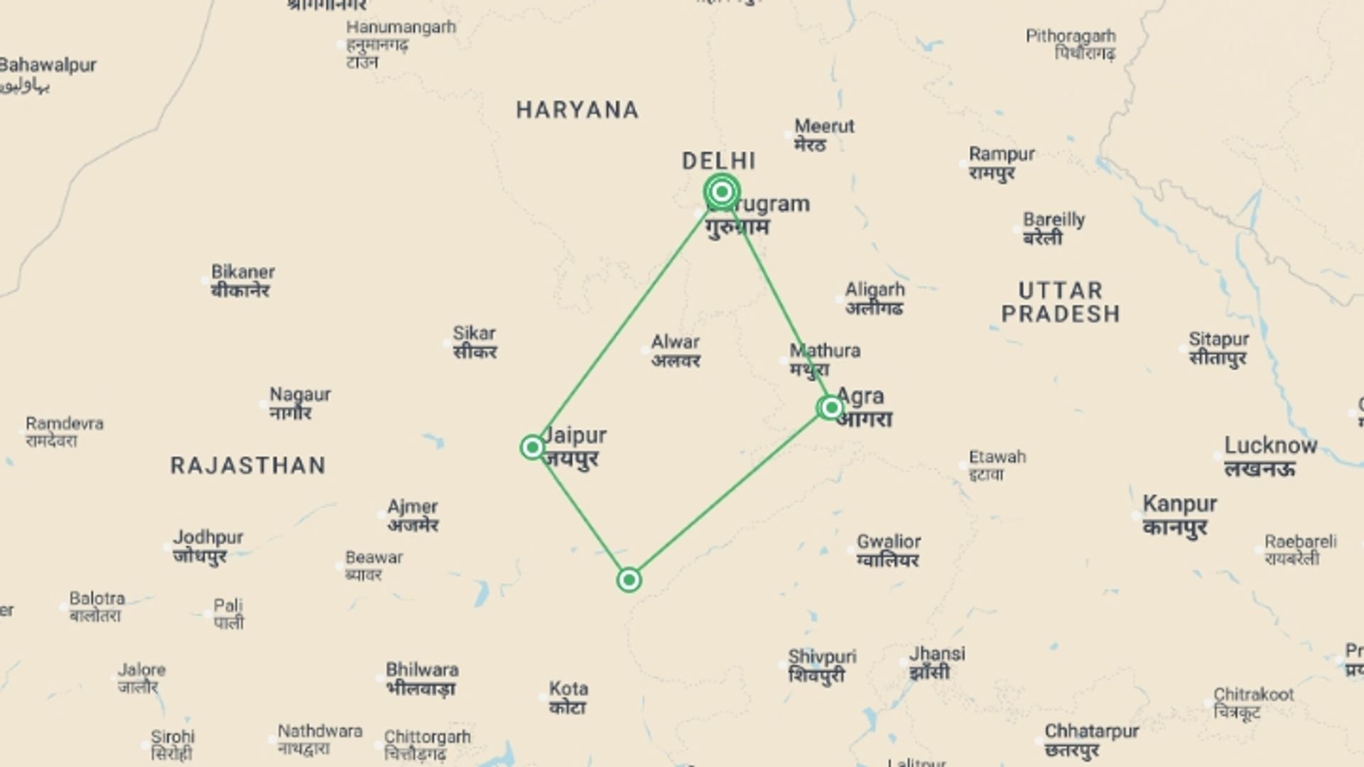 A map showing the tour itinerary for the trip: India’s Taj Mahal and Tigers - Premium Adventure, starting in New Delhi, India and ending in New Delhi, India going through 4 other destinations.