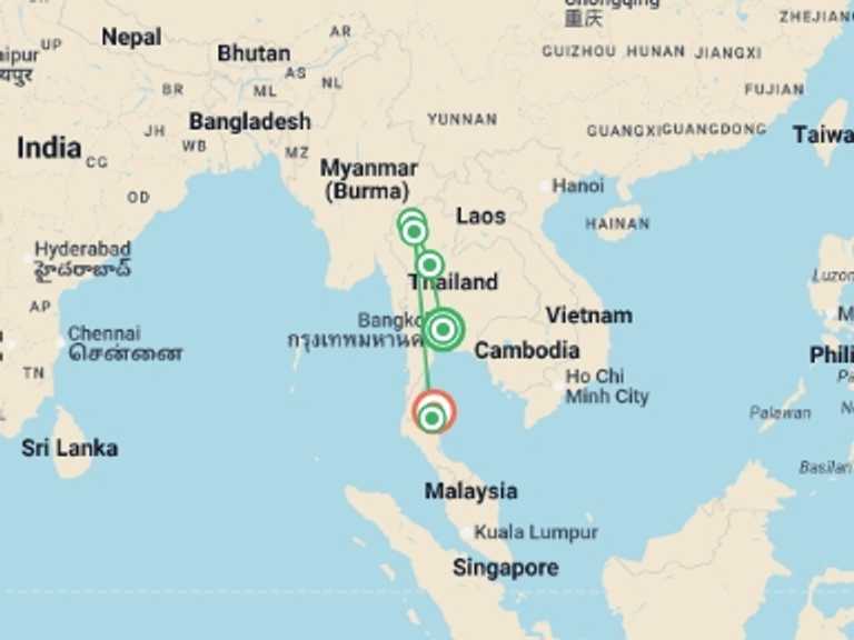 Map of 11-Day Indochina Tour with 6 destination visits for the trip: Thailand Premium Family Holiday
