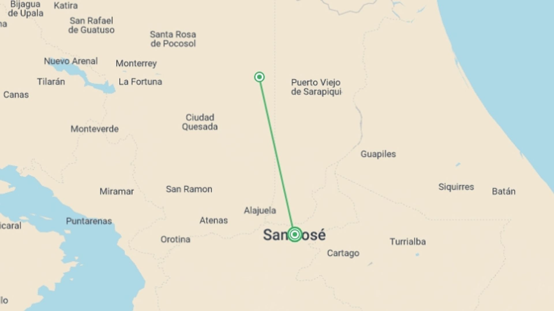 A map showing the tour itinerary for the trip: Sarapiqui With White River Rafting, Short Break, starting in San Jose, Costa Rica and ending in San Jose, Costa Rica going through 1 other destinations.