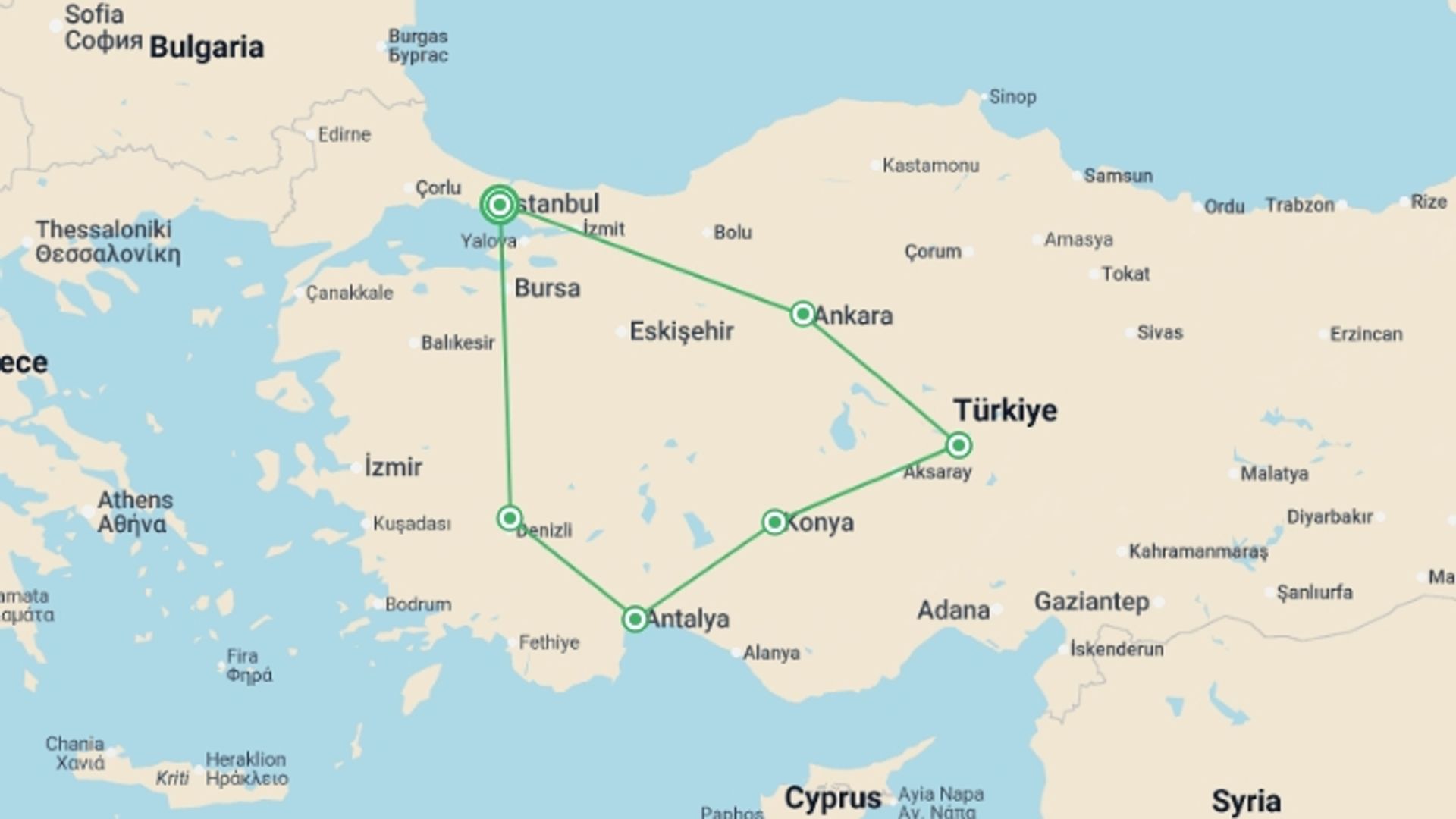A map showing the tour itinerary for the trip: Magical Turkey, starting in Istanbul, Turkey and ending in Istanbul, Turkey going through 5 other destinations.