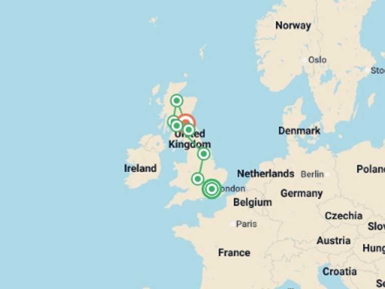 Map itinerary of Glasgow Tour in September 2026 with 8 destination visits for the trip: Spirit of England & Scotland