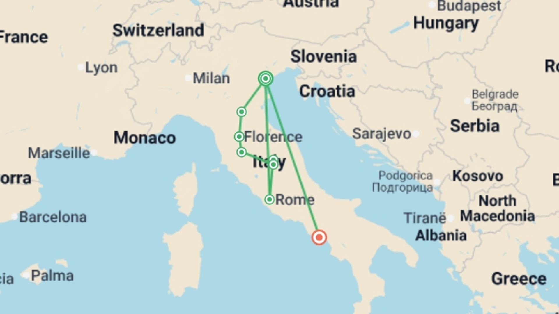 A map showing the tour itinerary for the trip: Italia Amore Mio - Venice To Milan, starting in Venice, Italy and ending in Venice, Italy going through 4 other destinations.