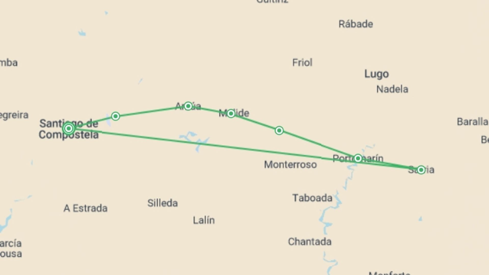 A map showing the tour itinerary for the trip: Camino de Santiago The French Way - 8 days, starting in Santiago De Compostela, Spain and ending in Santiago De Compostela, Spain going through 6 other destinations.