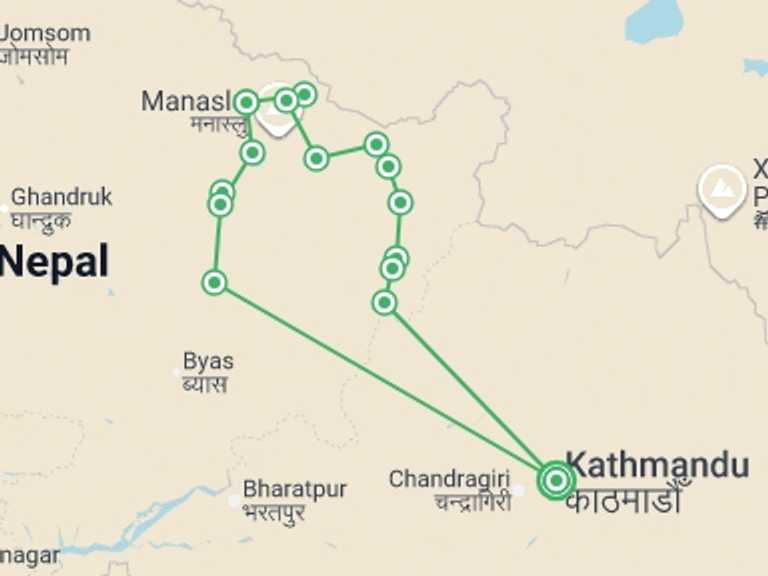 Map itinerary of Kathmandu Tour in March 2026 with 14 destination visits for the trip: Manaslu Circuit Trek