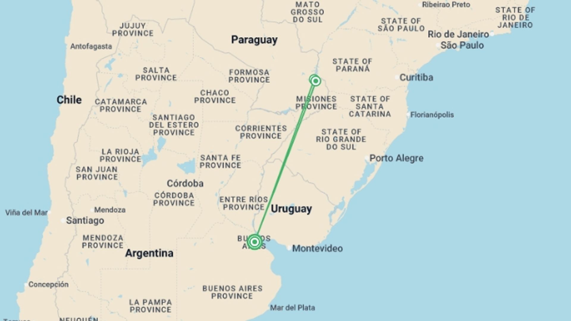 A map showing the tour itinerary for the trip: Buenos Aires & Iguazu Falls - SMART Adventure, starting in Buenos Aires, Argentina and ending in Buenos Aires, Argentina going through 2 other destinations.