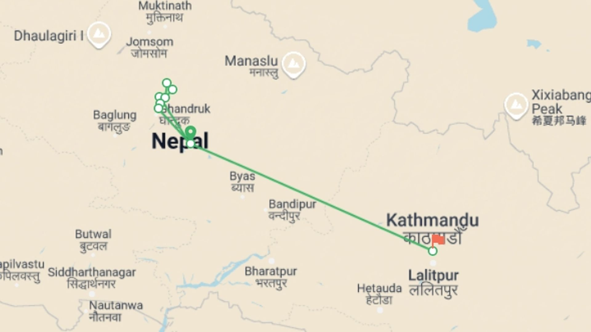 A map showing the tour itinerary for the trip: Short Annapurna Base Camp, starting in Pokhara, Nepal and ending in Kathmandu, Nepal going through 7 other destinations.