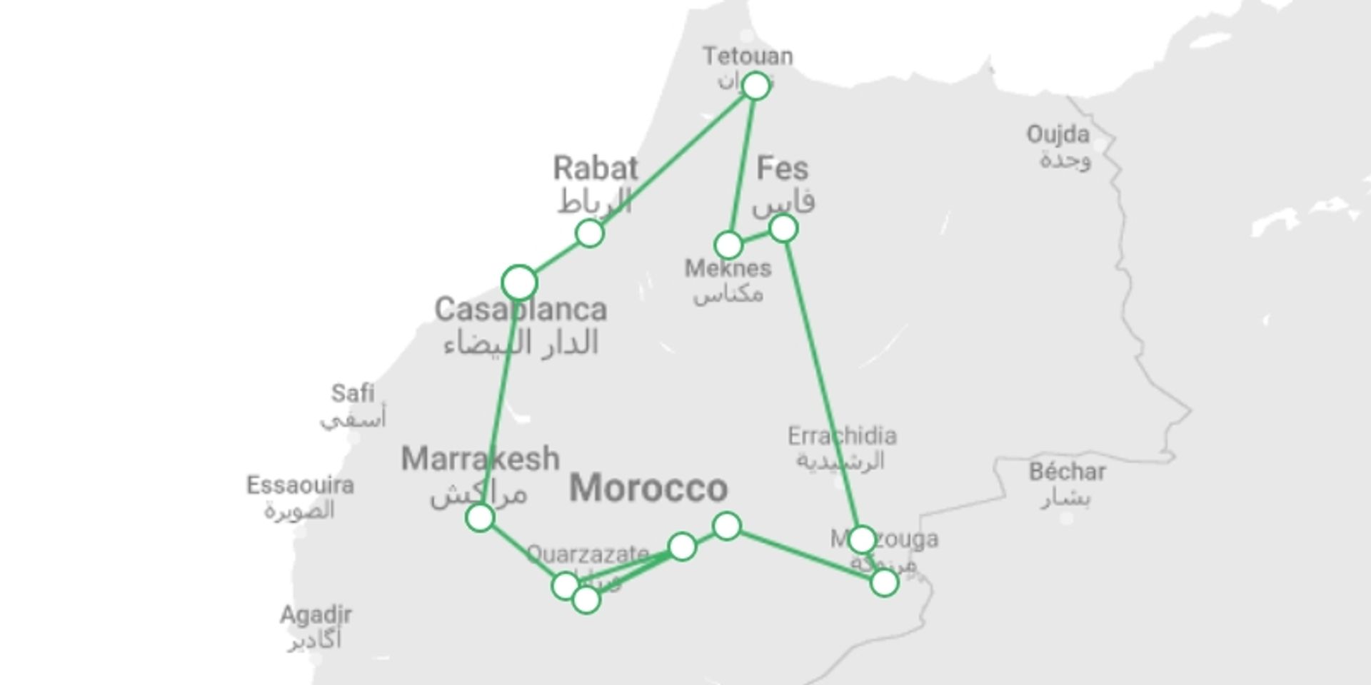 A map showing the tour itinerary for the trip: Royal Morocco – A Luxurious Expedition, starting in Casablanca, Morocco and ending in Casablanca, Morocco going through 10 other destinations.