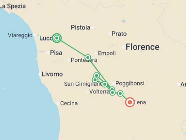 Map of 8-Day Italy Tour with 7 destination visits for the trip: Via Francigena: Lucca to Siena