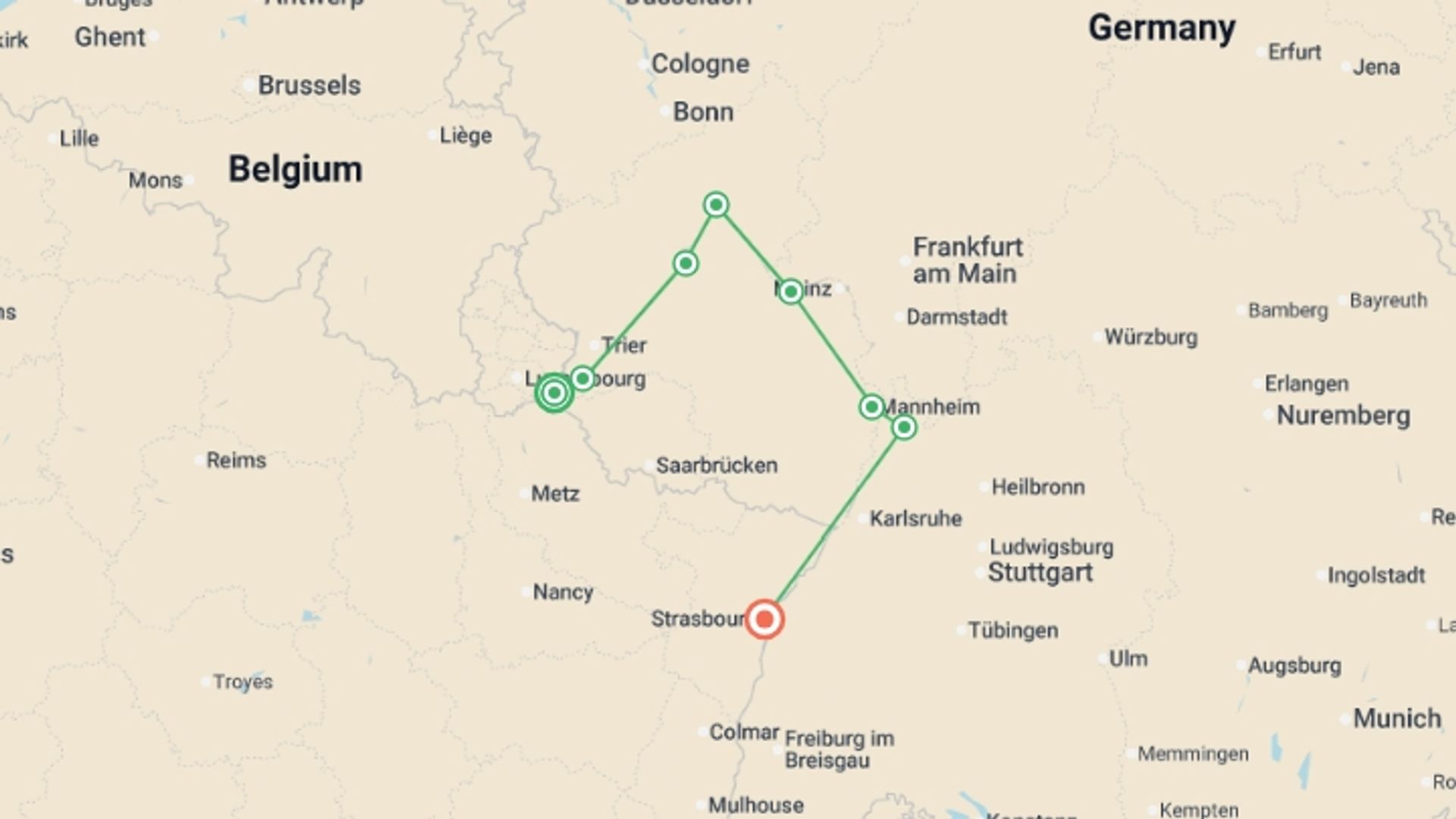 A map showing the tour itinerary for the trip: 4 Rivers: The Moselle, Sarre, Romantic Rhine, and Neckar Valleys (port-to-port cruise), starting in Remich, Luxembourg and ending in Strasbourg, France going through 5 other destinations.