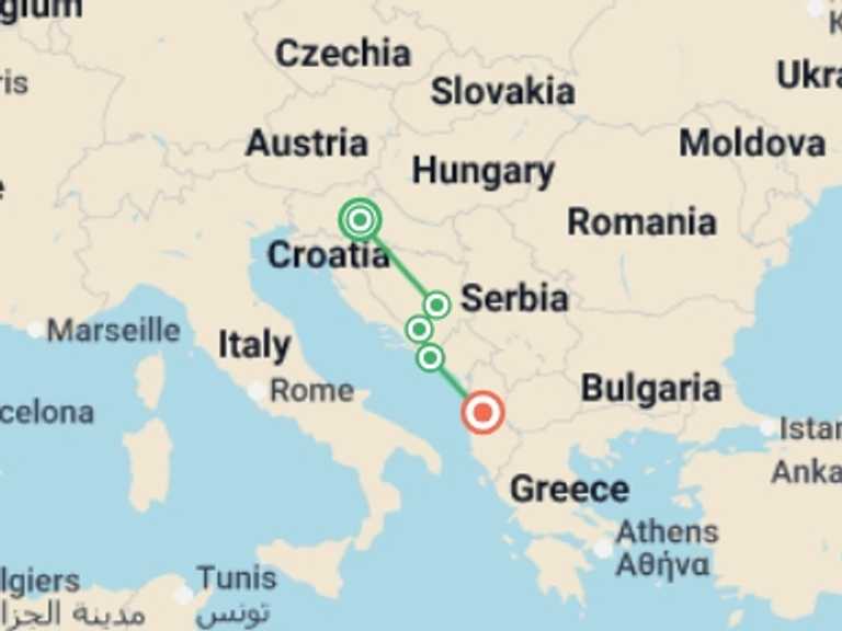 Map of Zagreb City sightseeing Tour with 4 destination visits for the trip: Balkan Dreams end Albania