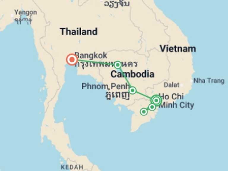 Map of 8-Day Ho Chi Minh City Tour with 5 destination visits for the trip: Vietnam & Cambodia Experience 8D/7N