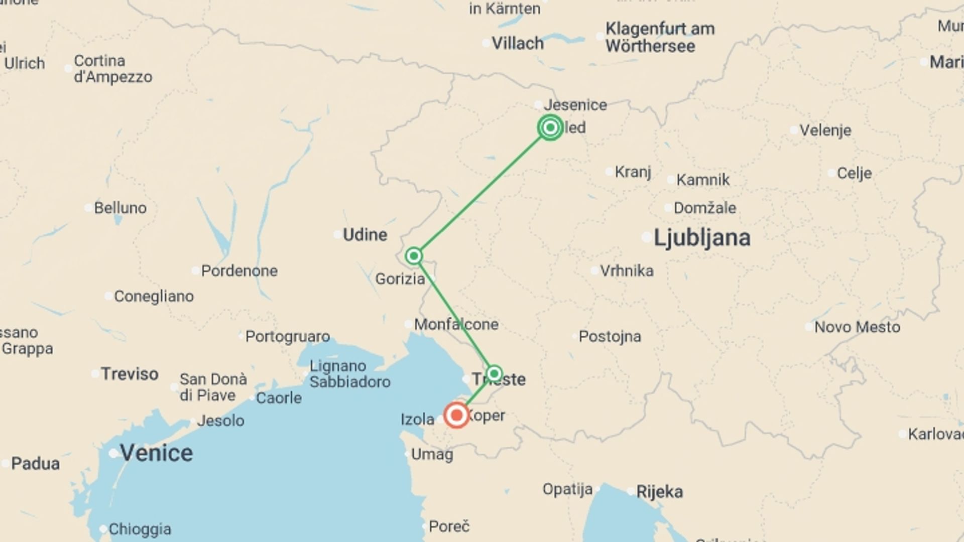 A map showing the tour itinerary for the trip: Secrets of Slovenia Cycling, starting in Bled, Slovenia and ending in Koper, Koper going through 2 other destinations.