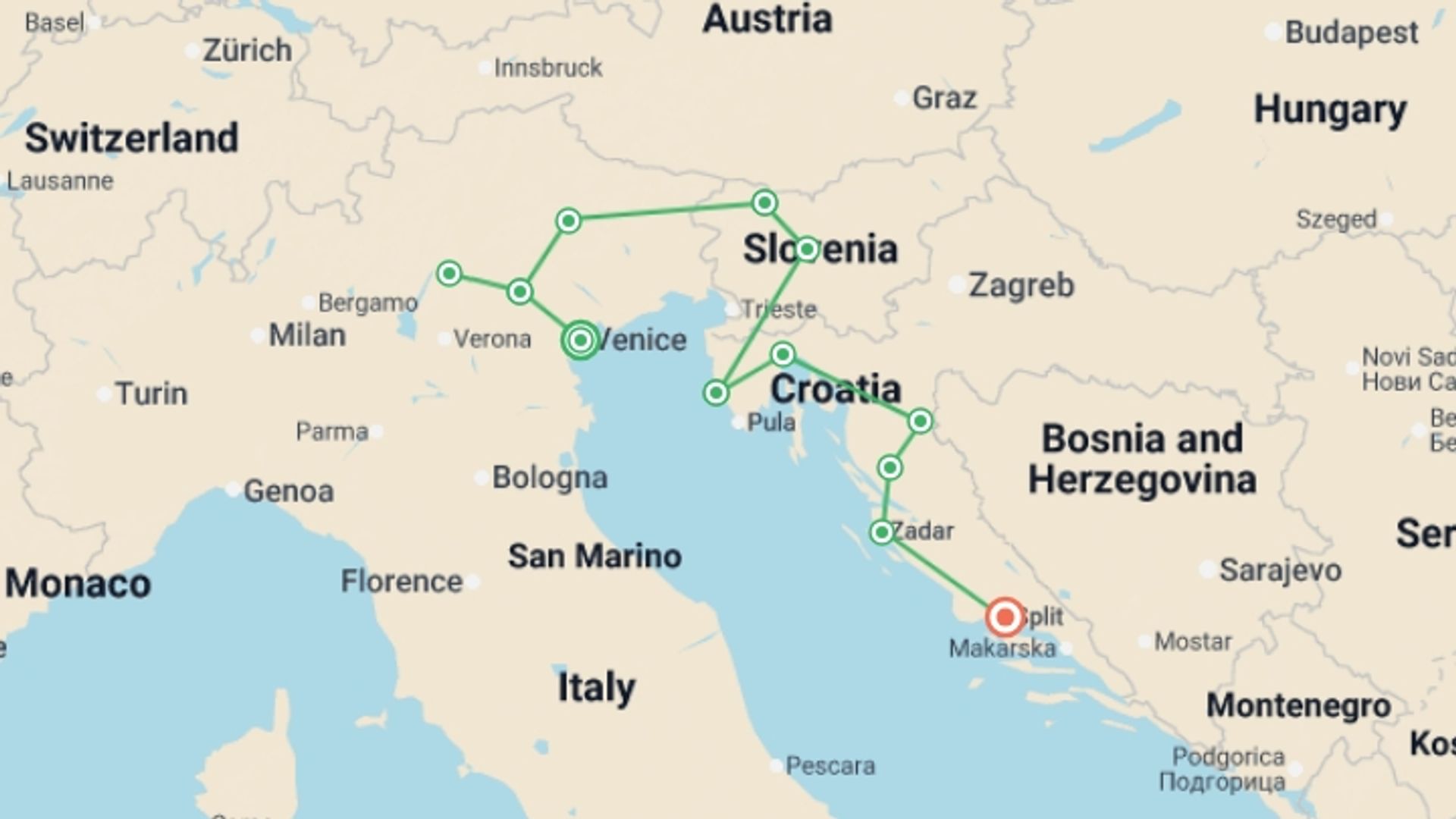 A map showing the tour itinerary for the trip: Adriatic Discovery: Northern Italy, Slovenia and Croatia, starting in Venice, Italy and ending in Split, Croatia going through 5 other destinations.