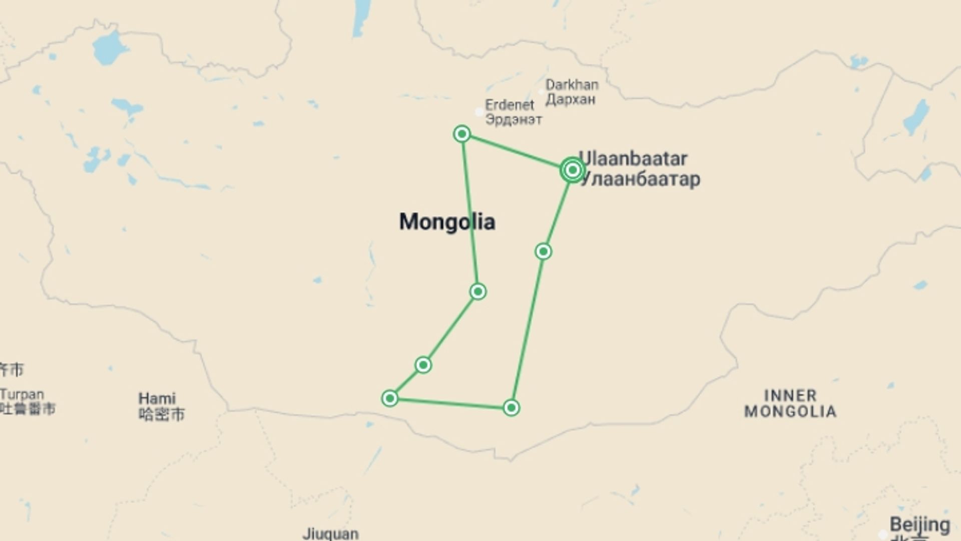 A map showing the tour itinerary for the trip: Mongolia Adventure Tour: Grand Tour Gobi Desert, starting in Dundgovi province, Mongolia and ending in Ulaanbaatar, Mongolia going through 6 other destinations.