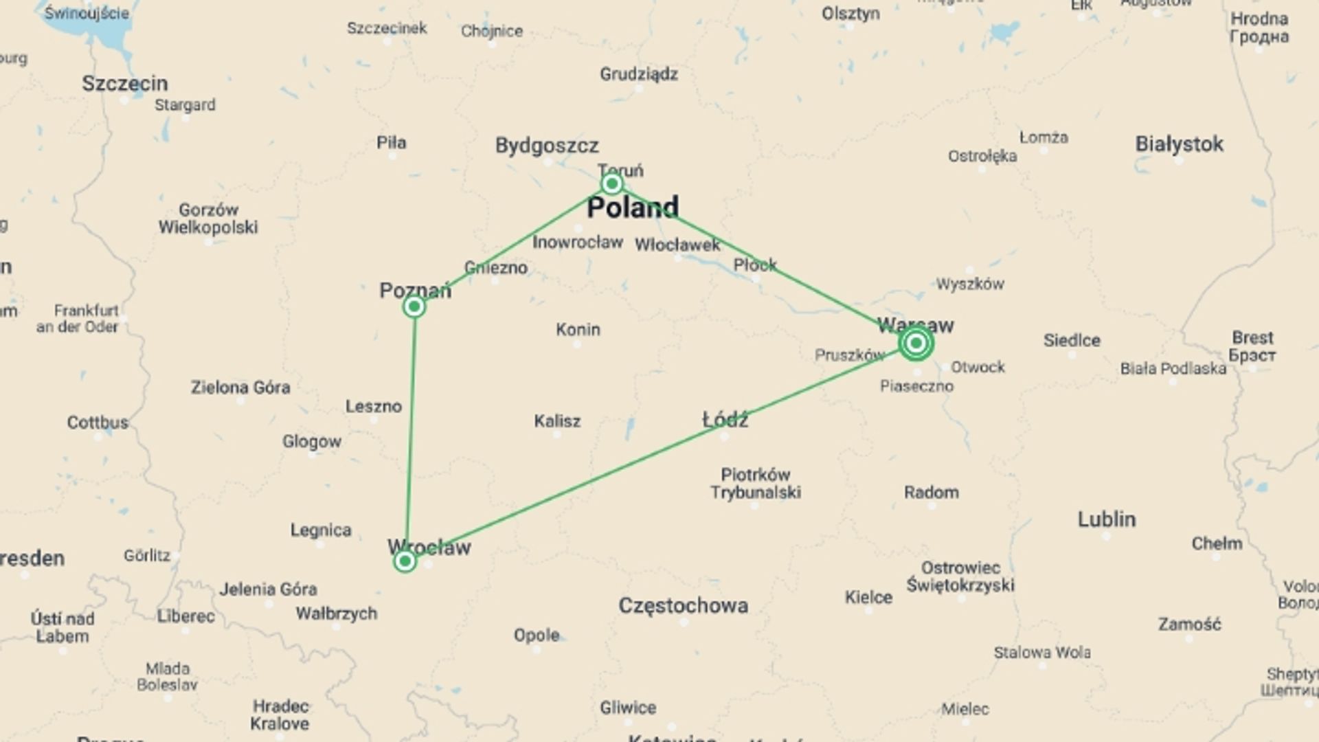 A map showing the tour itinerary for the trip: Essential Poland, starting in Warsaw, Poland and ending in Warsaw, Poland going through 1 other destinations.