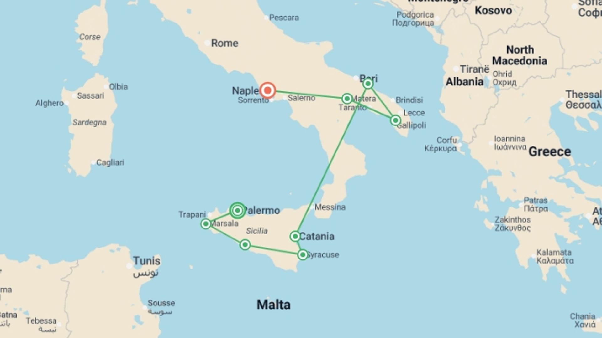 A map showing the tour itinerary for the trip: Premium Sicily and Puglia, starting in Palermo, Italy and ending in Naples, Italy going through 7 other destinations.