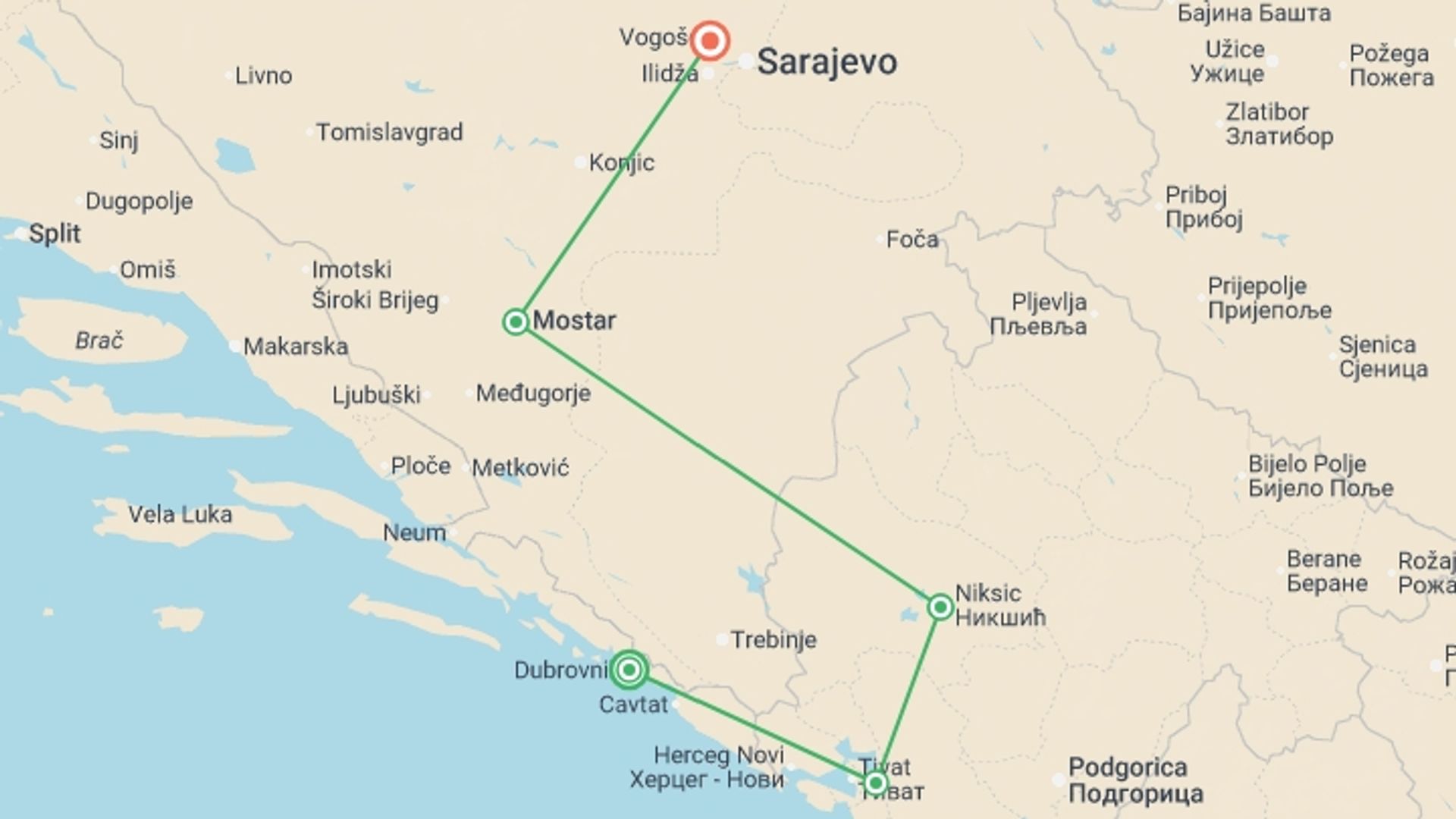 A map showing the tour itinerary for the trip: Cycle the Balkans, starting in Dubrovnik, Croatia and ending in Sarajevo, Bosnia Herzegovina going through 3 other destinations.