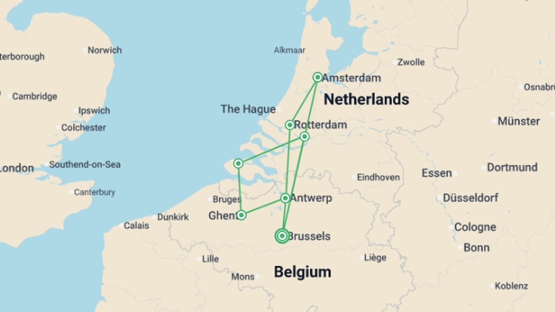 A map showing the tour itinerary for the trip: Northern European Culture and Charm: A Cruise between The Netherlands and Belgium. (port-to-port cruise), starting in Brussels, Belgium and ending in Brussels, Belgium going through 6 other destinations.
