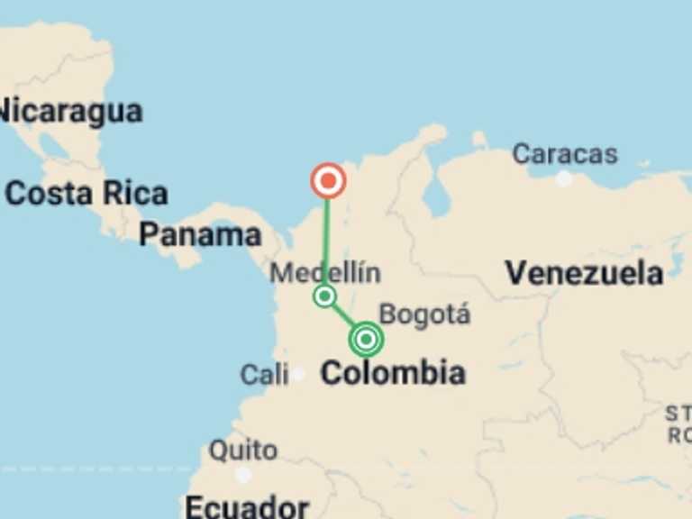 Map of Bogota Cultural, religious and historic sites Tour with 3 destination visits for the trip: Colombian Highlights